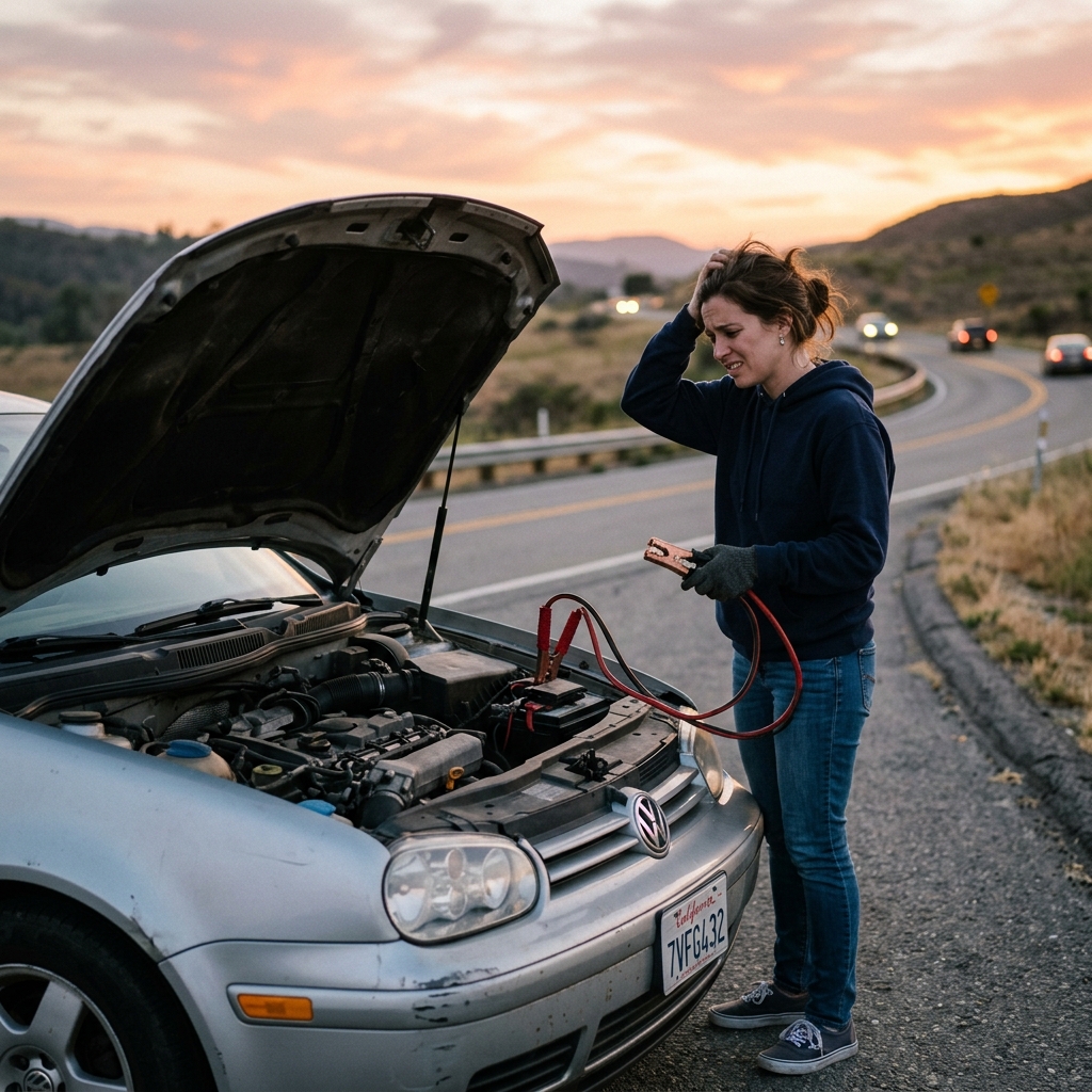 Carro parado com problemas de bateria na estrada